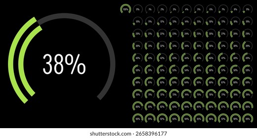Set of circular sector arc percentage diagrams meters progress bar from 0 to 100 ready-to-use for web design, user interface UI or infographic - indicator with green