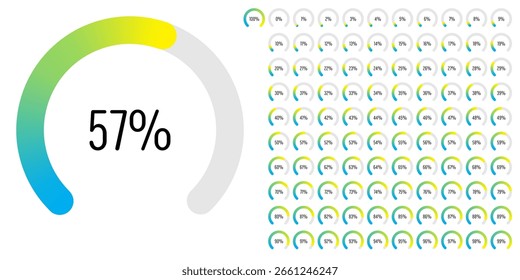 Set of circular sector arc percentage diagrams meters progress bar from 0 to 100 ready-to-use for web design, user interface UI or infographic - indicator with gradient from cyan blue to yellow