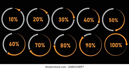 Set of circular sector arc percentage diagrams meters progress bar from 0 to 100 ready-to-use for web design, user interface UI or infographic - indicator with yellow