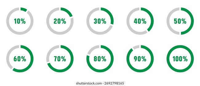 Conjunto de diagramas de porcentagem de arco de setor circular medidores barra de progresso de 0 a 100. UX ou Infográfico da Interface do Usuário. Carregando o progresso colorido indicador no fundo branco. Ilustração vetorial