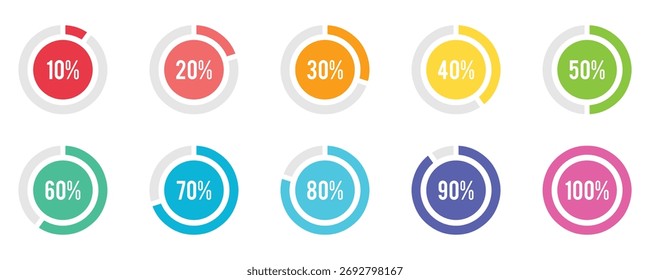 Set of circular sector arc percentage diagrams meters progress bar from 0 to 100. User Interface UI UX or Infographic. Loading indicator colorful progress on white background. Vector illustration
