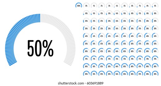 Set of circular sector arc percentage diagrams from 0 to 100 for web design, user interface (UI) or infographic - indicator with blue