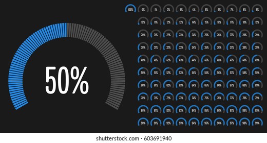 Set of circular sector arc percentage diagrams from 0 to 100 for web design, user interface (UI) or infographic - indicator with blue