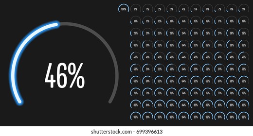 Set of circular sector arc percentage diagrams from 0 to 100 ready-to-use for web design, user interface (UI) or infographic - indicator with neon blue