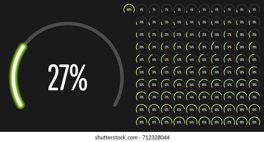 Set of circular sector arc percentage diagrams from 0 to 100 ready-to-use for web design, user interface (UI) or infographic - indicator with neon green