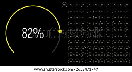 Set of circular sector arc percentage diagrams meters progress bar from 0 to 100 ready-to-use for web design, user interface UI or infographic - indicator with yellow