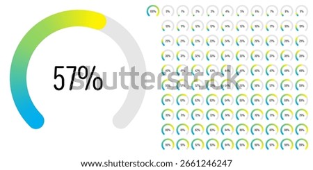 Set of circular sector arc percentage diagrams meters progress bar from 0 to 100 ready-to-use for web design, user interface UI or infographic - indicator with gradient from cyan blue to yellow