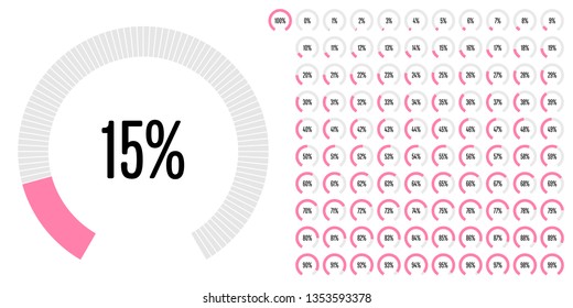 Set of circular sector percentage diagrams (meters) from 0 to 100 ready-to-use for web design, user interface (UI) or infographic - indicator with pink