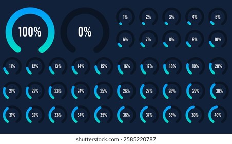 Set of circular sector percentage diagrams from 0 to 40. Set of circular sector percentage diagrams meters from 0 to 40 ready-to-use for web design, user interface UI.