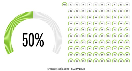 Set of circular sector percentage diagrams from 0 to 100 for web design, user interface (UI) or infographic - indicator with green