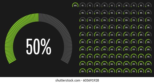 Set of circular sector percentage diagrams from 0 to 100 for web design, user interface (UI) or infographic - indicator with green
