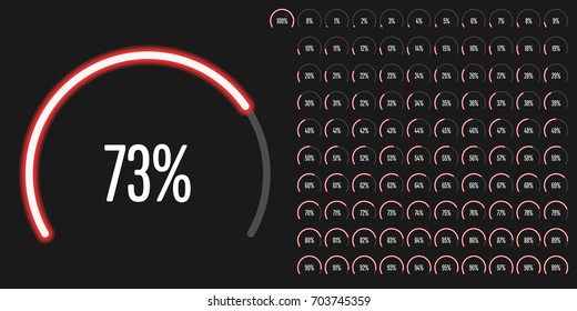 Set of circular sector percentage diagrams from 0 to 100 ready-to-use for web design, user interface (UI) or infographic - indicator with neon red