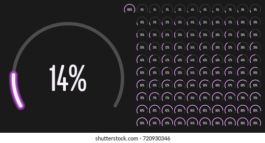 Set of circular sector percentage diagrams from 0 to 100 ready-to-use for web design, user interface (UI) or infographic - indicator with neon purple