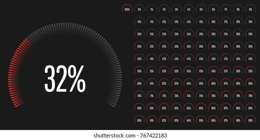 Set of circular sector percentage diagrams from 0 to 100 ready-to-use for web design, user interface (UI) or infographic - indicator with red