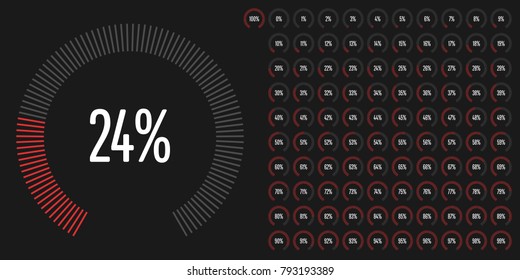 Set of circular sector percentage diagrams from 0 to 100 ready-to-use for web design, user interface (UI) or infographic - indicator with red