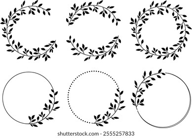 Set of circular shapes adorned with foliage and leaf frames for invitations, holiday decorations, logos, and elegant designs.