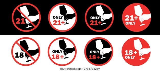 A set of circular signs indicating drinking age restrictions. The red and black symbols are for adults over eighteen and twenty-one years of age only