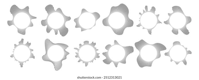 Conjunto de Ondas Sonoras Circulares .   Linhas de som, espectro radial, equalizadores de som.  Quadro ondulado geométrico circular. Concepção do espectro radial.  Ilustração vetorial.
 
