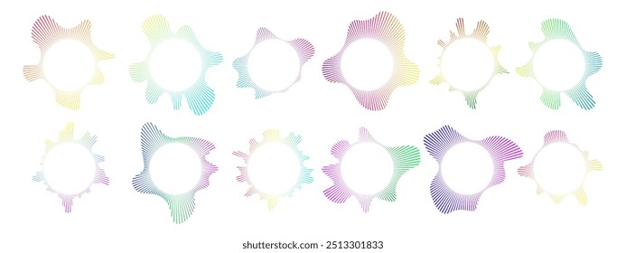 A set of circular sound waves.   Sound lines, radial spectrum, sound equalizers.  Circular multi-color neon geometric wavy frames. Radial spectrum.  Vector illustration. 
 
