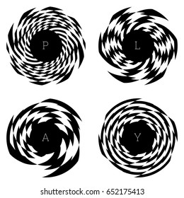 Set of circular spiral elements. Optical illusion with radial rhombuses. Geometric black white op art effect. Isolated radiating circle shape. Monogram with letter, text label, sticker, print, poster