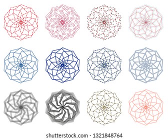 Set of circular spiral ornaments with red, blue, black lines on a white background. Vector