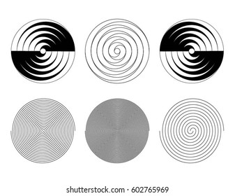 Set of circular spiral shapes. Simple black and white vector design elements and logos.