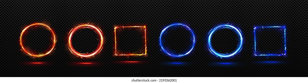 Set of circular and square fire frames isolated on transparent background. Vector illustration of yellow and blue borders with flame sparkle effect. Magic power element for computer game ui design svg