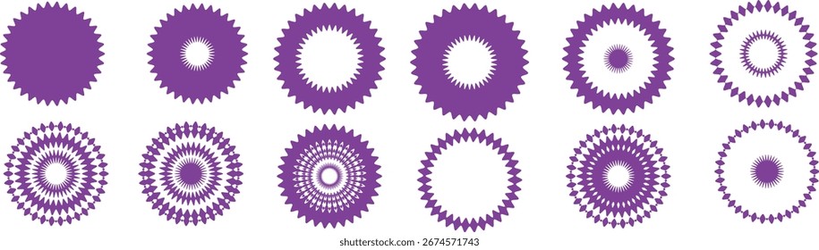 Conjunto de pegatinas circulares con bordes en zigzag y ondulados. Formas geométricas dentadas para marcos, sellos,