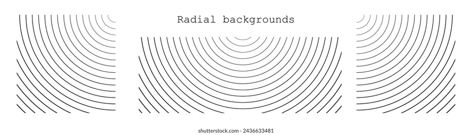 Set or circular stripe backgrounds. Abstract radial pattern. Square and rectangular monochrome backdrops. Vector illustration of sound wave irradiation or circular vibrations on the water surface