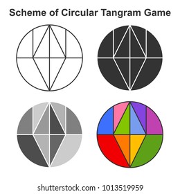 Set of Circular Tangram game schemes in white, black, gray and color versions. Geometric puzzle. Vector illustration