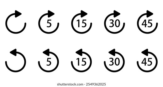 Set of circular timer icons with clockwise and counterclockwise arrows and time indicators.