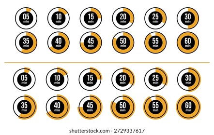 Un conjunto de iconos de temporizador circular con esquema de color naranja y negro, que muestra varios intervalos de tiempo de 5 minutos a 60 minutos. Estos íconos de temporizador cuentan con un diseño de medio llenado y son ideales para el seguimiento digital del tiempo, los App de productividad y las herramientas de gestión de proyectos.