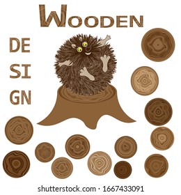 Set of circular tree sections for your design. Cute hedgehog is laughing on a stump.
