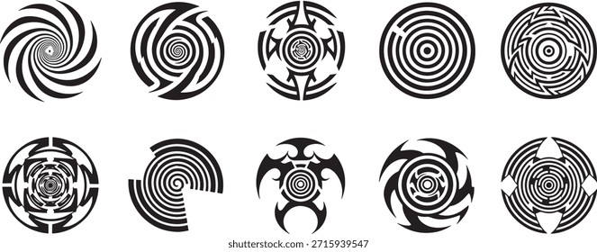 Um conjunto de desenhos tribais circulares com padrões espirais hipnóticos e intrincadas estruturas labirínticas de labirinto.