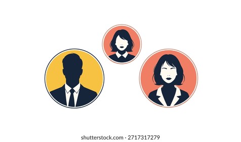 Set of circular user profile icons featuring silhouettes of a man and women against vibrant yellow and peach colored backgrounds.