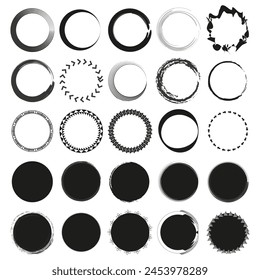 Set of circular vector frames. Black and white brush strokes, geometric and organic borders. Decorative round elements. Vector illustration. EPS 10.