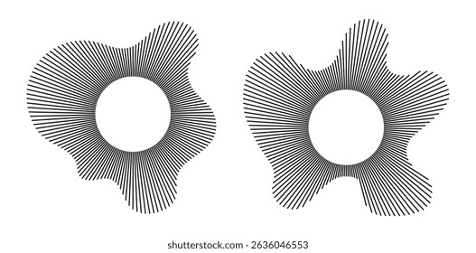 Conjunto de onda circular. Líneas de círculo sonoras. Marcos radiales. Anillo de sonido. Patrón negro ondulado. Radiales. Elemento de diseño ondulado. Logotipo del ecualizador, espectro radial. Símbolos de voz. Representación de iconos de música de audio.