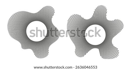 Set of circular wave. Sound circle lines. Radial frames. Sound ring. Wavy black pattern. Radial rays. Wavy design element. Equalizer logo, radial spectrum. Voice symbols. Depicting audio music icons.