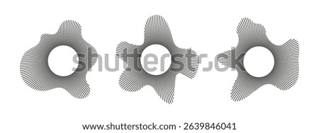 Set of circular wave. Sound circle lines. Radial frame. Sound ring. Wavy patterns. Radial rays templates. Wavy design. Equalizer logo, radial spectrum. Voice flat symbols. Depicting audio music icons.