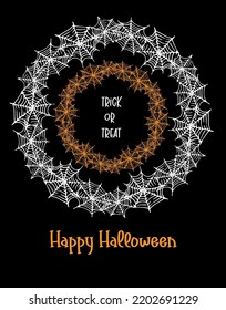 a set of circular web frames with an empty space for text Trick or treat. two white-orange round spider web patterns in the style of doodles on black for a happy Halloween design template