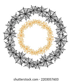 a set of circular web frames with an empty space for text  two black-orange round spider web patterns in the style of doodles on white for a Halloween design template