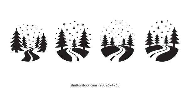 Set of circular winter forest icons with pine trees and winding roads in a minimalist flat style.