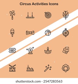 Set of circus activity icons depicting entertainment and performance elements ideal for amusement and fun themes.