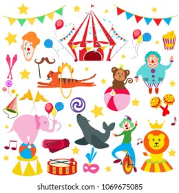 Set circus animal with elephants clown monkeys, lion, sea cat, Popcorn seals, cotton wool different sweets drums, skewer tiger hangs through a fire hoop, mask, inflatable balls, colorful picture Flat