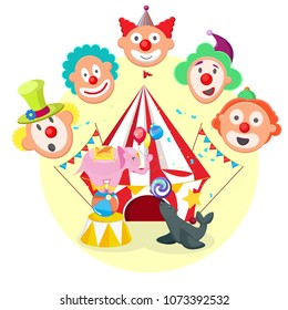 Set circus animal with elephants clown, lion, sea cat, colorful picture. Modern vector flat image isolated on white background. 