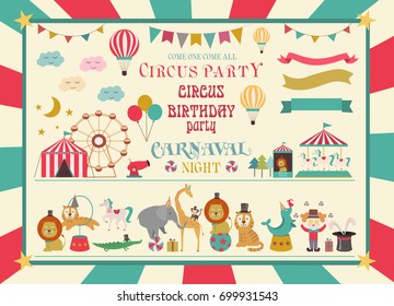 Set of circus animals and decorations for poster, greeting card, label. Vector illustration