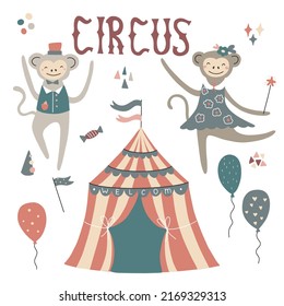 Set of circus animals and elements. Vector illustration isolated on white background for your design