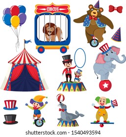 Set of circus animals and people illustration