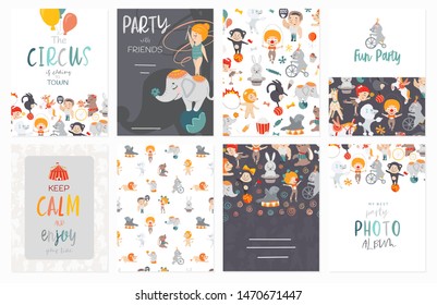 Set of circus banners. Invitation, banner, card. Funny and kids vector illustration.  Graphic cartoon design.