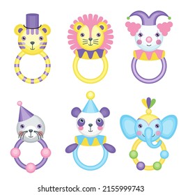 A set of circus beanbag toys. Children's holiday, kids' party, stickers, games. Rattle collection.